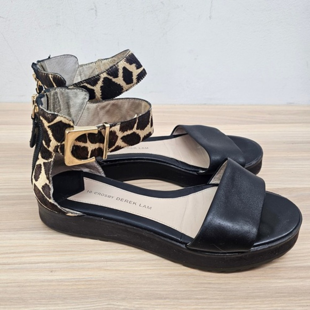 90s Minimalist Black Sandals DEREK LAM CROSBY 7.5 M Calf Hair Giraffe Leather